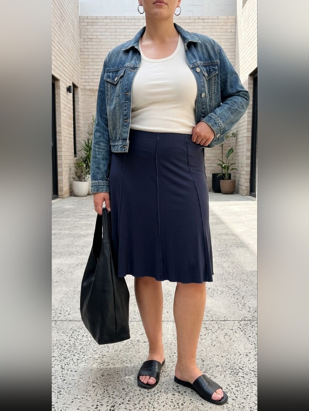 Vintage Vin Rouge Navy Stretch Midi Skirt XL Made in Canada 90s Pull On Flared - Picture 1 of 7
